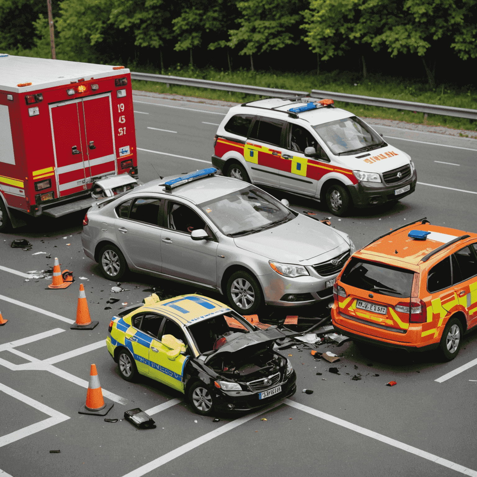 Een auto-ongeluk scene met twee voertuigen en hulpdiensten ter plaatse