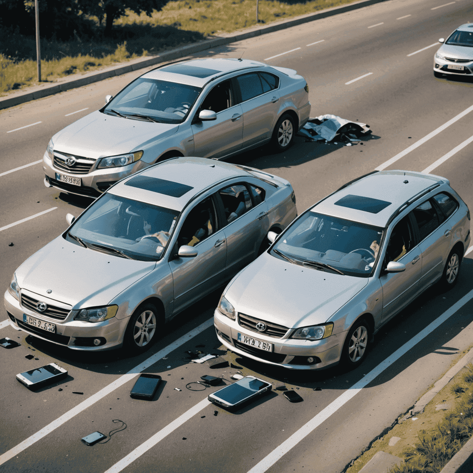 Een auto-ongeluk scène met twee beschadigde voertuigen op een weg, met bestuurders die veilig aan de kant staan en hun telefoons gebruiken