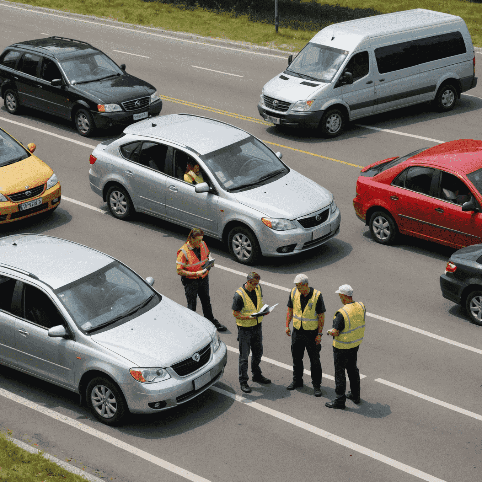 Een auto-ongeluk scene met twee voertuigen en mensen die informatie uitwisselen