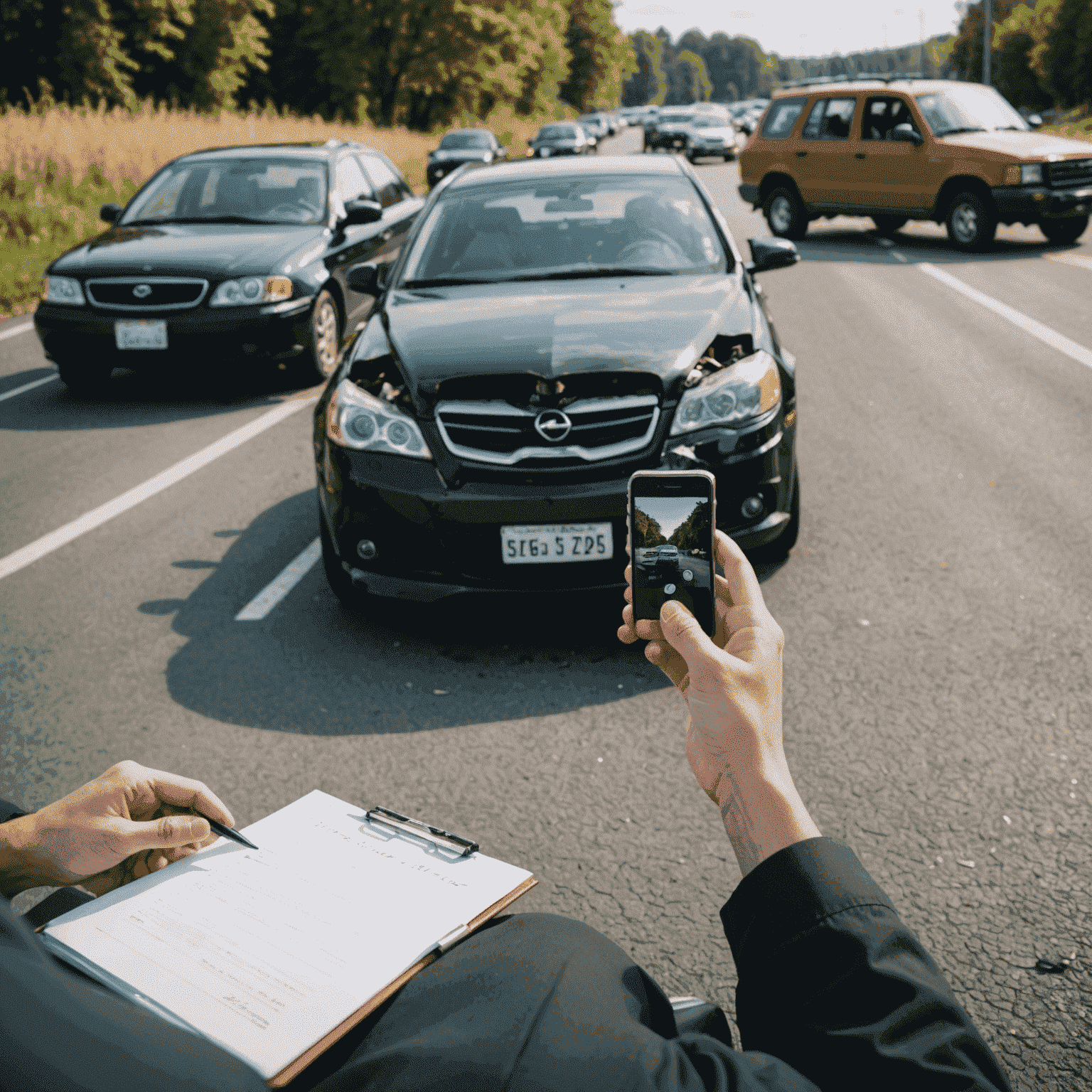 Een persoon die foto's maakt en notities neemt bij een auto-ongeluk